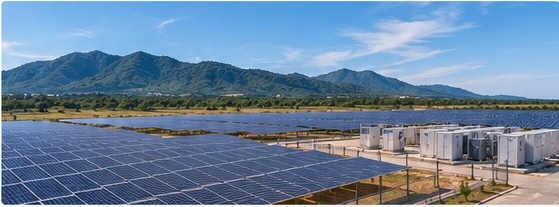 Illustrative solar and BESS project with mountains in the background